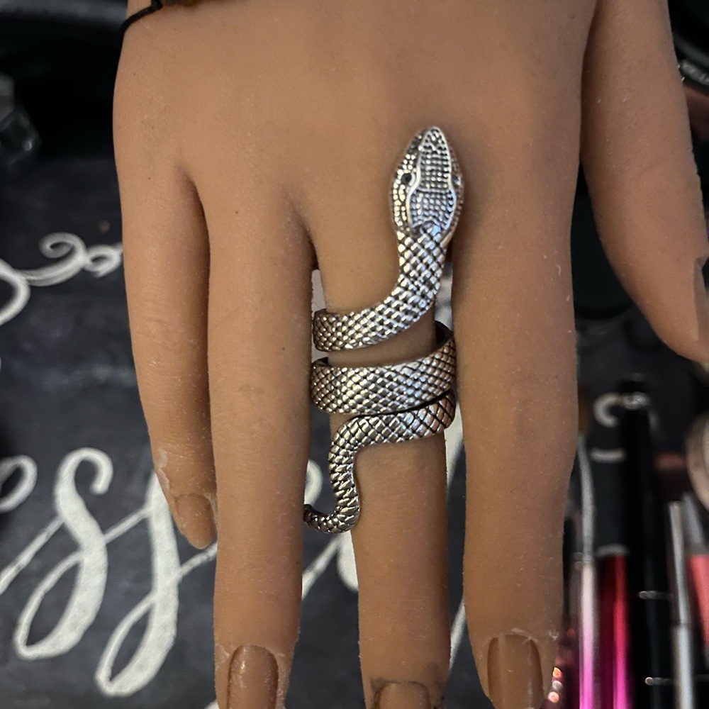 Silver Snake Ring with Gemstone Eyes